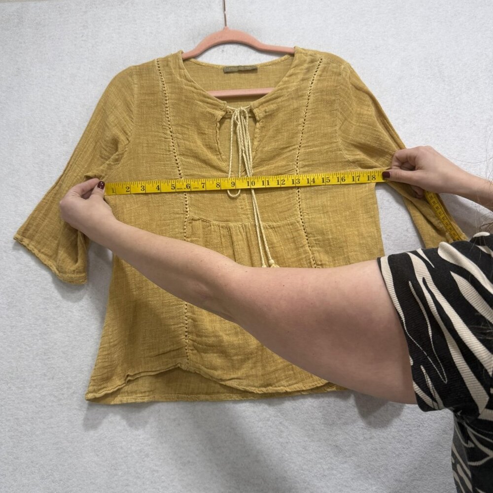 Made in Italy Linen Cotton Peasant Blouse Womens Large Mustard Tie Tassel Boho - Picture 4 of 9
